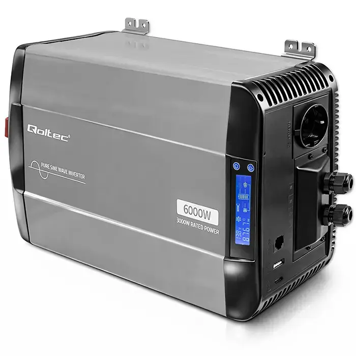 Qoltec Pure Sine Wave Inverter | 12V to 230V | 3000/6000W | LCD | USB | USC-C | Compatible with LiFePO4 GEL AGM