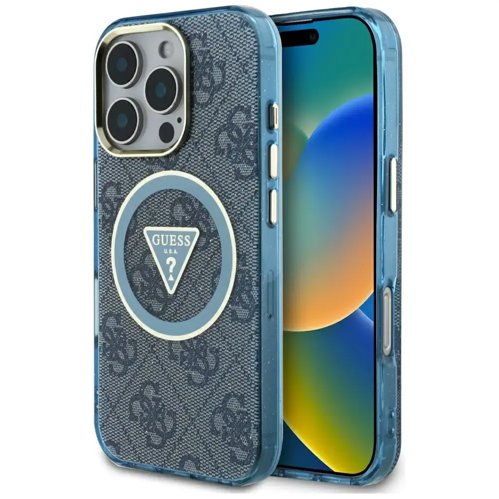 Guess IML Metal Glitter 4G Circle Triangle telefona maciņš priekš iPhone 16 Pro Max zils ar MagSafe