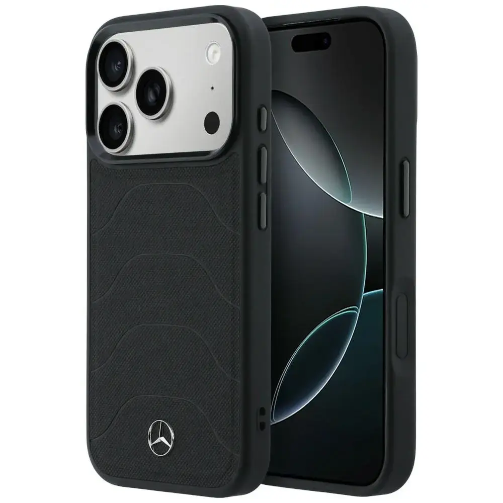 Mercedes Leather Mesh with Bow Line maciņš ar MagSafe atbalstu telefonam iPhone 17 Pro Max melns