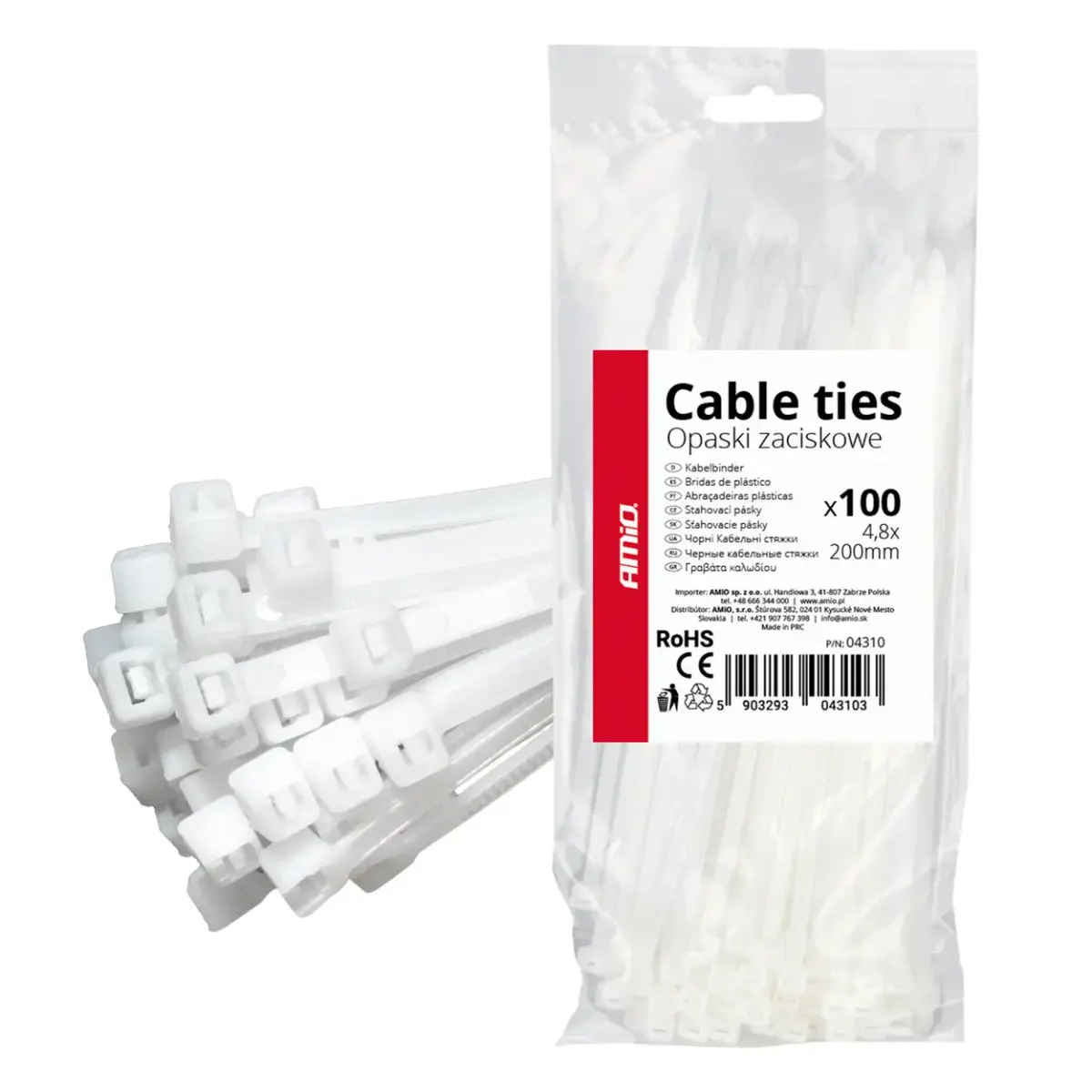 White cable ties 4.8×200mm 100 pcs. AMIO-04310