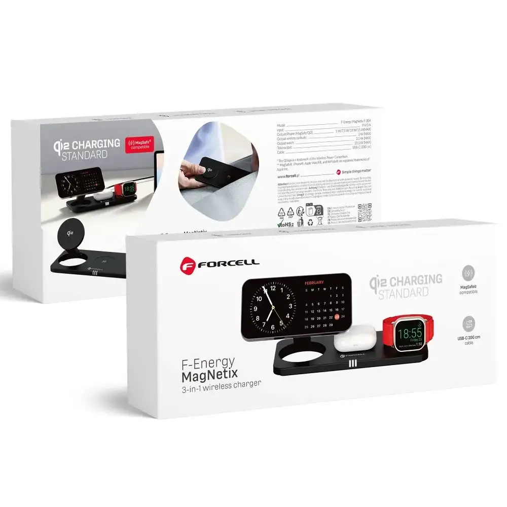 Forcell F-Energy MagNetix 3-in-1 bezvadu lādētājs | Qi 2 | Saderīgs ar MagSafe | 20.5W | melns
