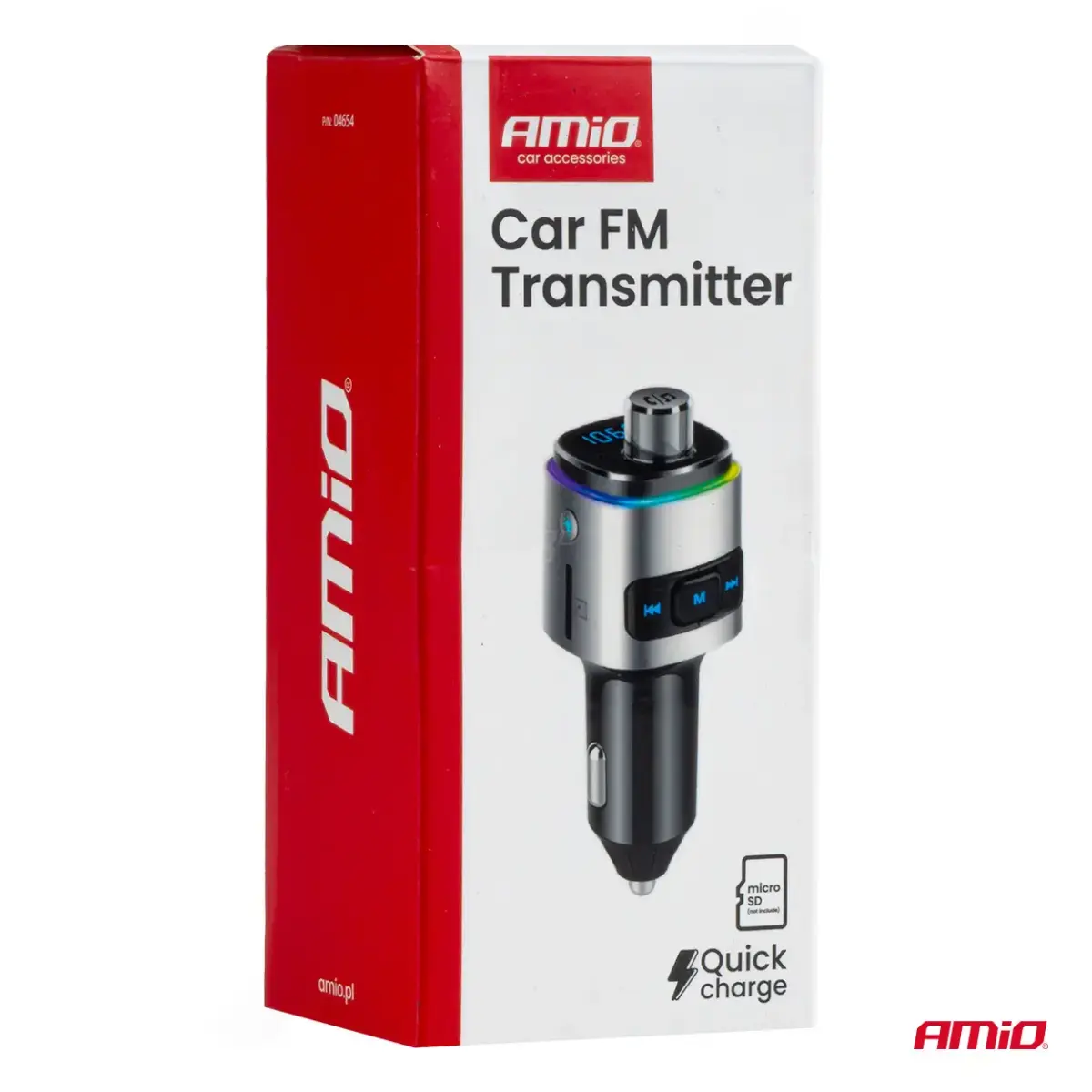 Car FM Transmitter 2×USB-A microSD 12V 24V AMIO-04654