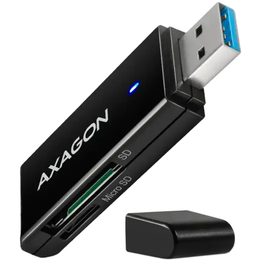 Axagon Slim super-speed USB 3.2 Gen 1 card reader with a direct USB-A connector.
