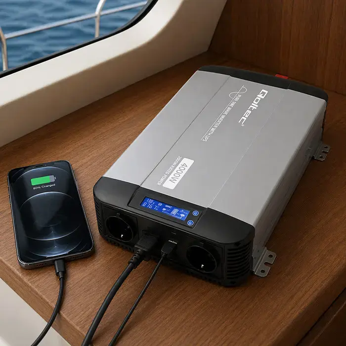 Qoltec Pure Sine Wave Inverter with UPS | 12V to 230V | 2000/4000W | LCD | USB | USB-C | Compatible with LiFePO4 GEL AGM