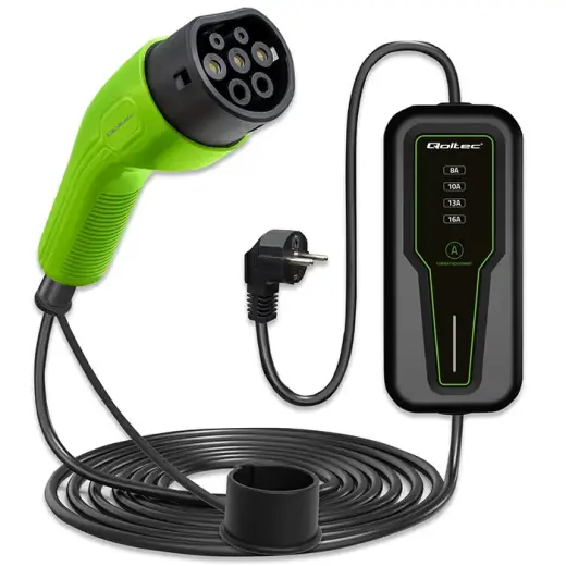 Qoltec Mobile charger for EV 2-in-1 Type2 with regulation | 3.5kW | 230V | SCHUKO 16A | LCD | Portable | 4m