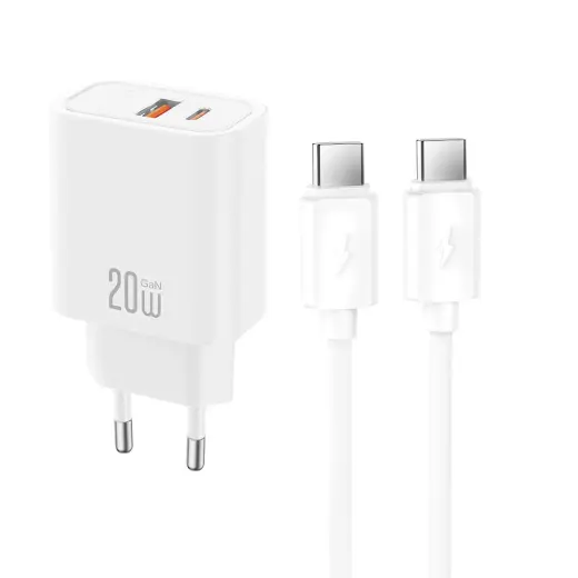 XO CE40 travel charger | 20W | PD, QC | USB-C, USB-A | with USB-C to USB-C cable included | white