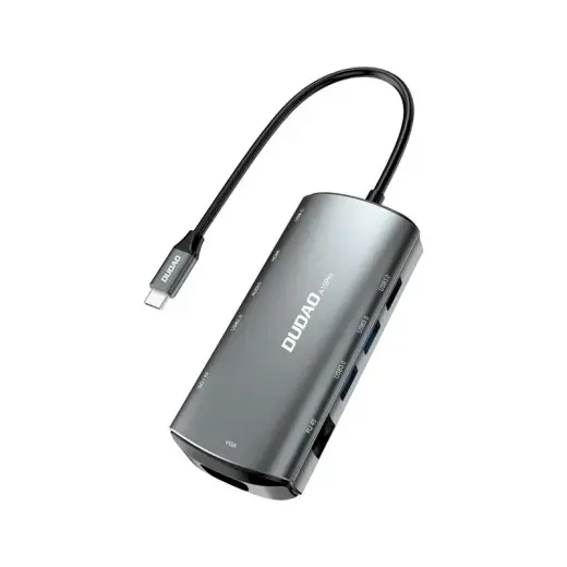 Dudao 11w1 multifunctional HUB USB Typ C - USB Type C PD 60 W | HDMI | 3,5 mm mini jack | 1x USB 2.0 | SD - micro SD  card reader | VGA | RJ45 | 3x USB 3.2 Gen 1 grey (A15Pro grey)