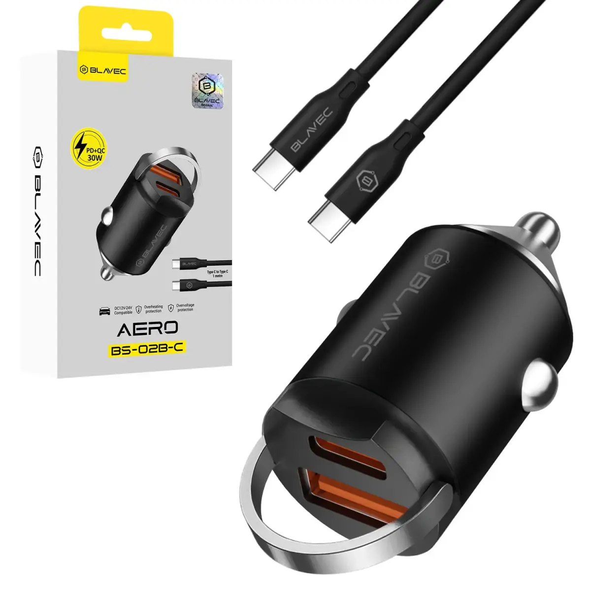Blavec BS-02B-C Aero auto lādētājs | 30W | PD, QC | USB-A, USB-C | ar USB-C uz USB-C vadu komplektā | melns