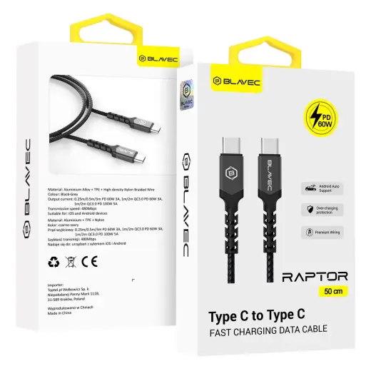 Blavec Raptor CRA-CC3BG30 datu pārraides un uzlādes vads | USB-C uz USB-C | PD | 60W | 3m | melns, pelēks