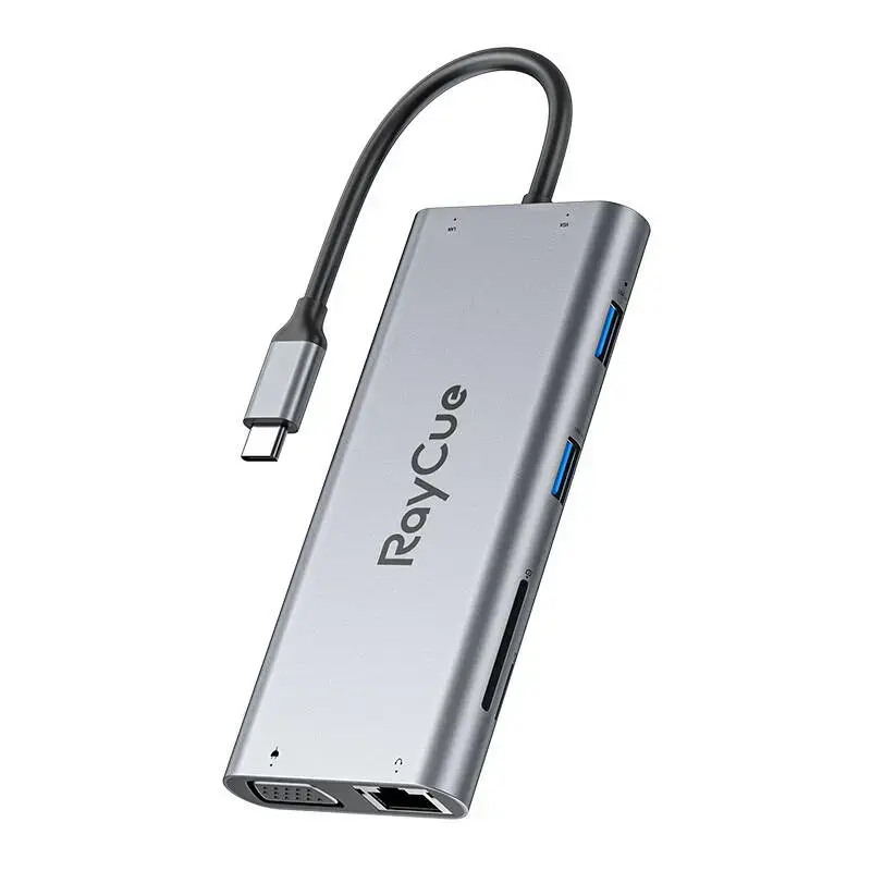 Hub 11w1 RayCue USB-C do 2x USB-A 2.0 480Mbps + 3x USB-A 3.2 5Gbps + SD|TF 3.0 + HDMI 4K30Hz + VGA 1080p + RJ45 + PD 3.0 100W (sary)