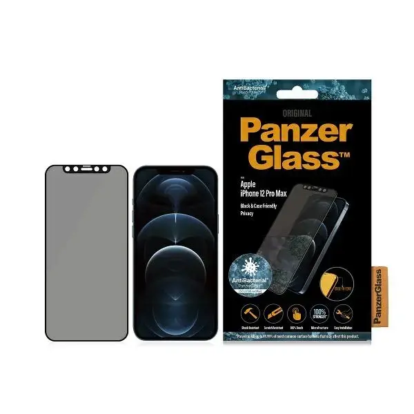 PanzerGlass E2E Super+ aizsargstikls telefonam iPhone 12 Pro Max melns Case Friendly pretbakteriāls mikroplaisas efekts privātuma efekts