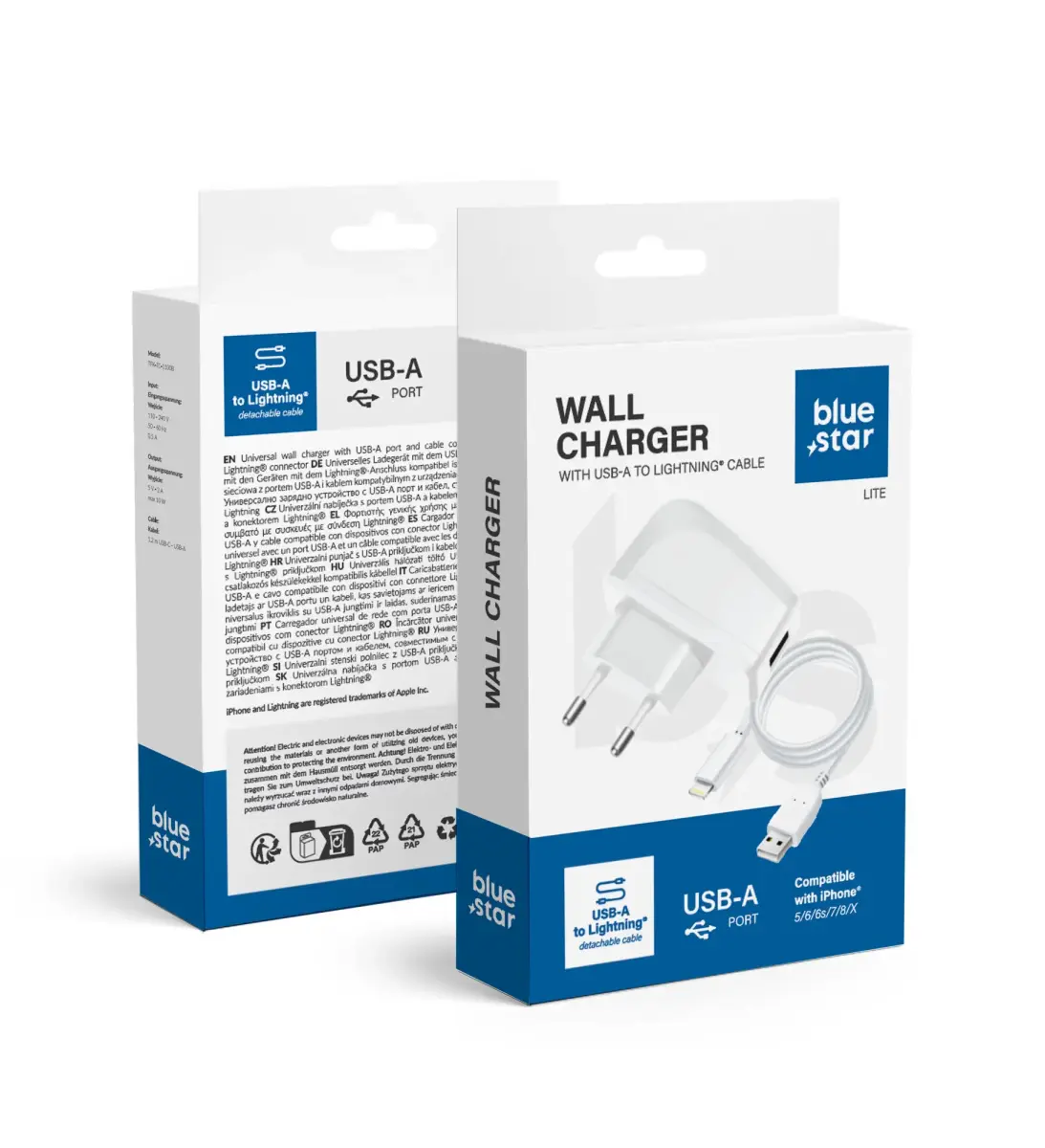 Blue Star Lite TFK-TC-1095B tīkla lādētājs | 5W | USB-A, Lightning | ar USB-A uz Lightning vadu komplektā | balts
