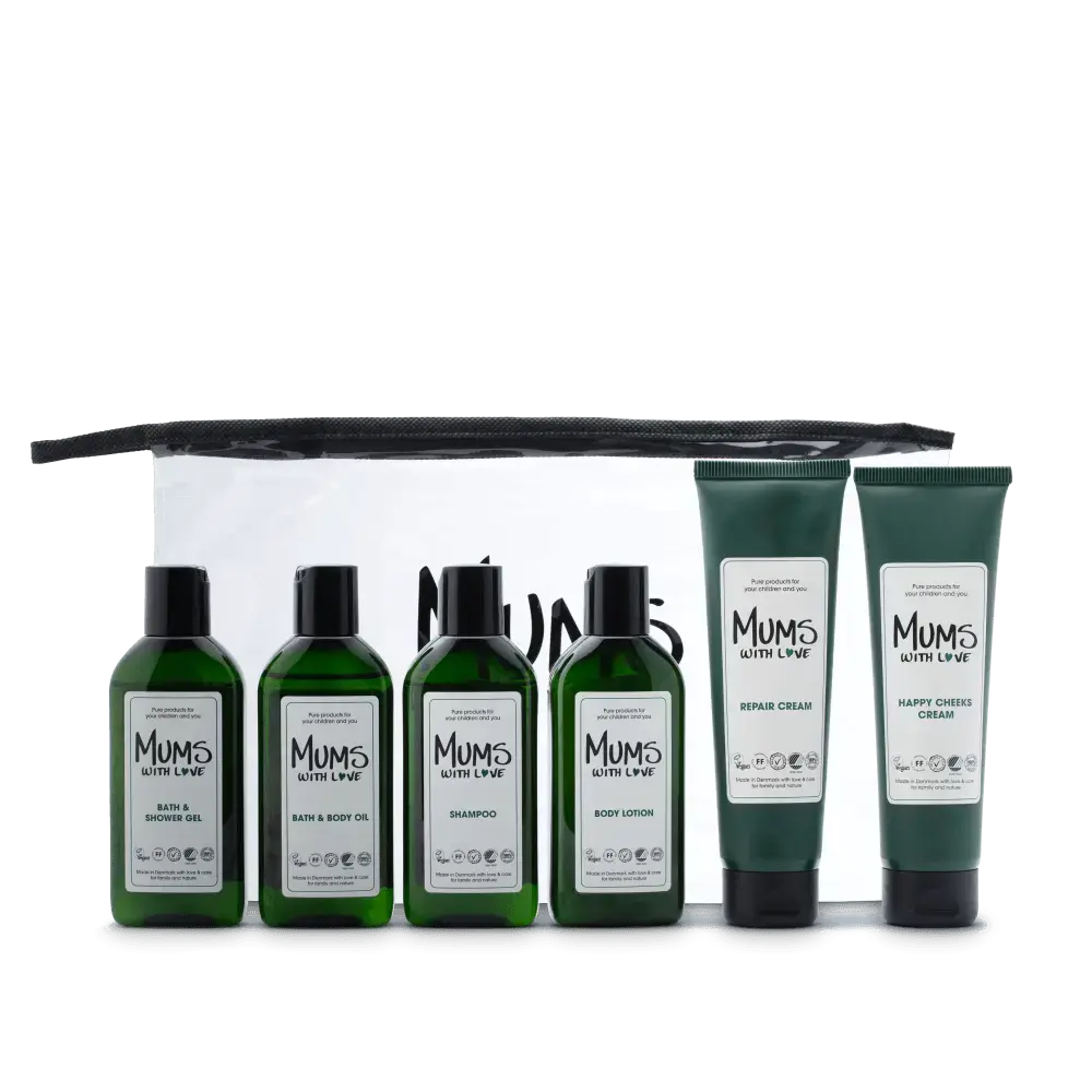 Starter Kit Set Mums With Love: Mums With Love, Hydrating, Body Lotion, 100 ml + Mums With Love, Hair Shampoo, For Cleansing, 100 ml + Mums With Love, Shower Gel, For All Skin Types, 100 ml + Mums With Love, Cleansing, Bath Oil, 100 ml + Happy Cheeks, Repairing, Cream, For Face, 100 ml + Mums With Love, Repairing, Cream, For Face, 100 ml + Mums With Love, Textile Bag, Toiletry, For Women