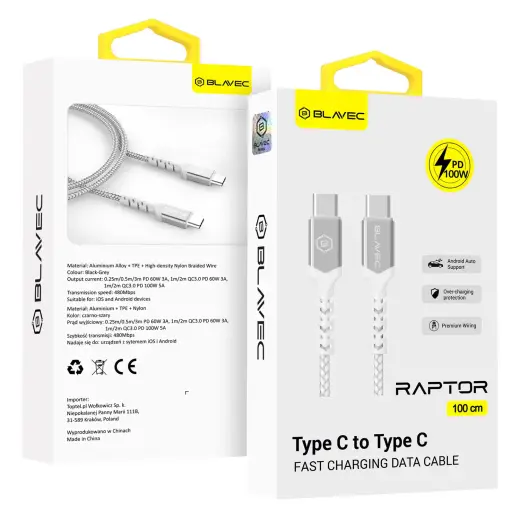 Blavec Raptor CRA-CC5WS10 datu pārraides un uzlādes vads | USB-C uz USB-C | PD | 100W | 1m | balts, sudraba krāsā
