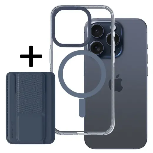 Amazing Thing Titan Pro Mag raamatutüüpi telefoni ümbris alusega ja MagSafe toega aluse ja iPhone 15 Pro Max tumesinine