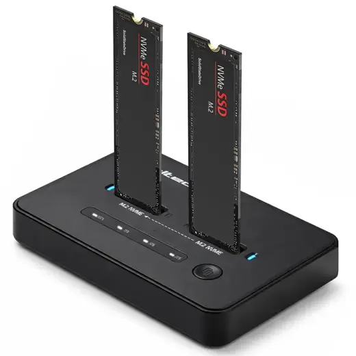 Qoltec M.2 NVMe SSD dokstacija | PCIe | USB-C | 20 Gb/s | DUĀLI 2 x 8 TB | Bezsaistes klonēšana