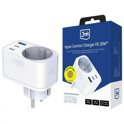3MK Hyper Comfort | travel charger | 30W | PD, QC | USB-A, 2x USB-C  | white