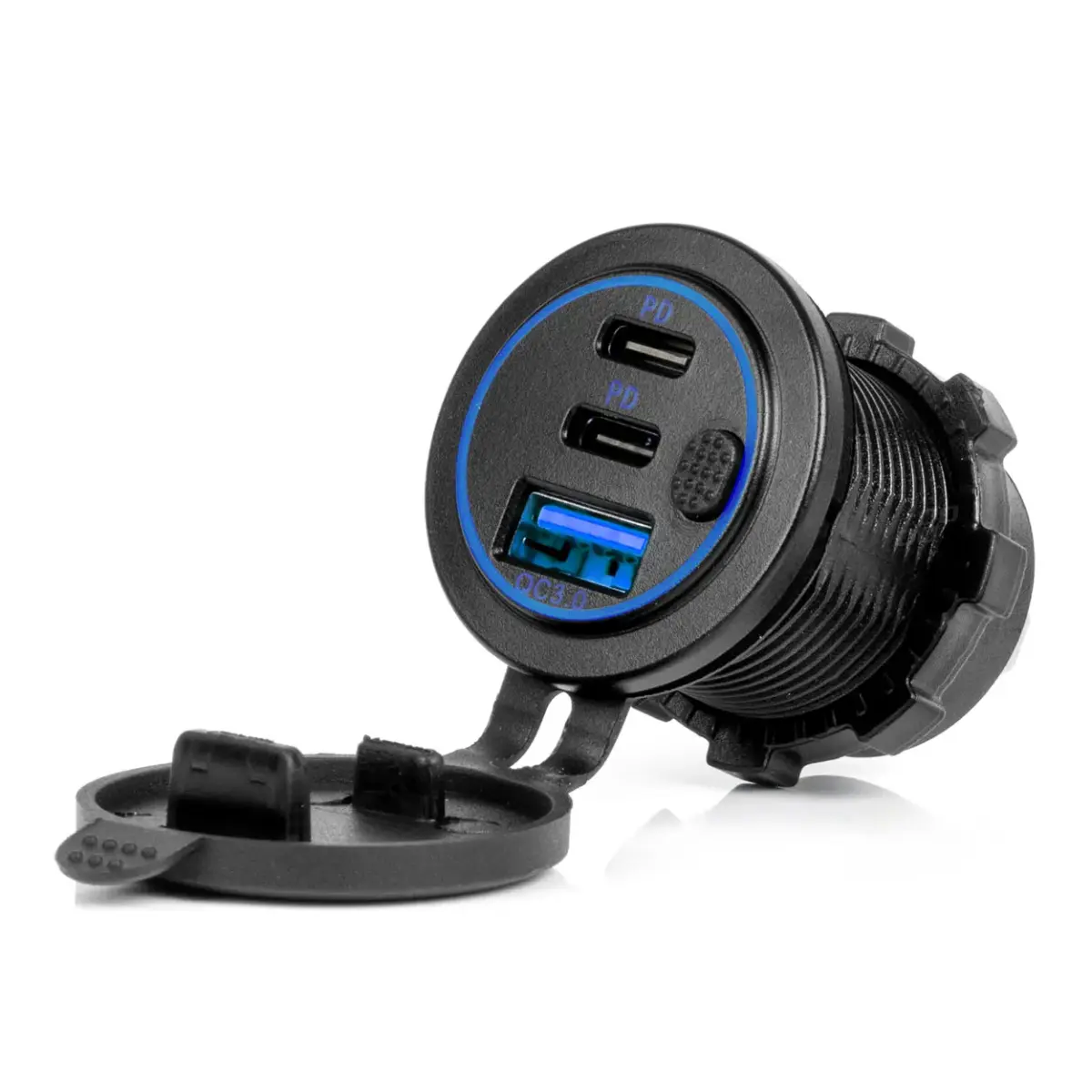 Waterproof Phone Charger with Switch BLUE LED Backlight USB + 2xUSB C QC3.0 12/24V AMIO-04596