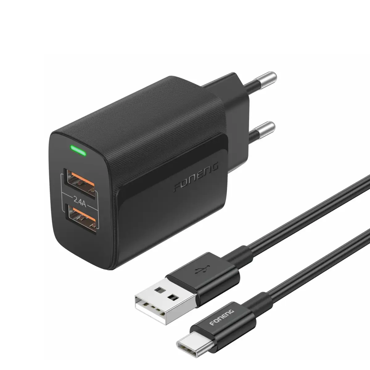 Foneng EU63 travel charger | 12W | USB-C, USB-A | with USB to Type C cable included | black