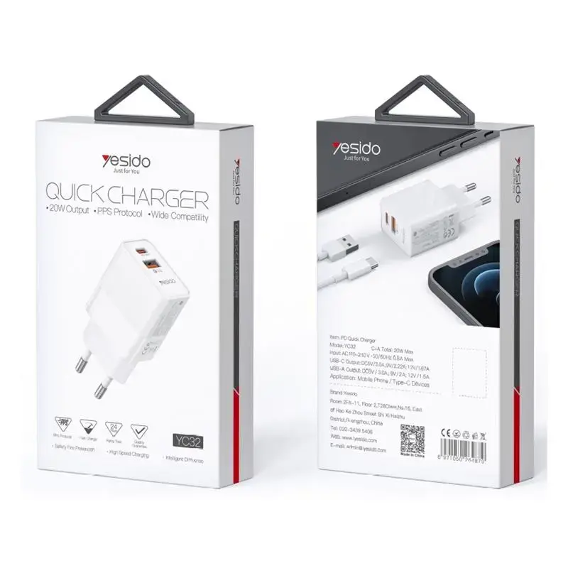 Yesido YC32 tīkla lādētājs | 20W | PD, QC | USB-A, USB-C | balts