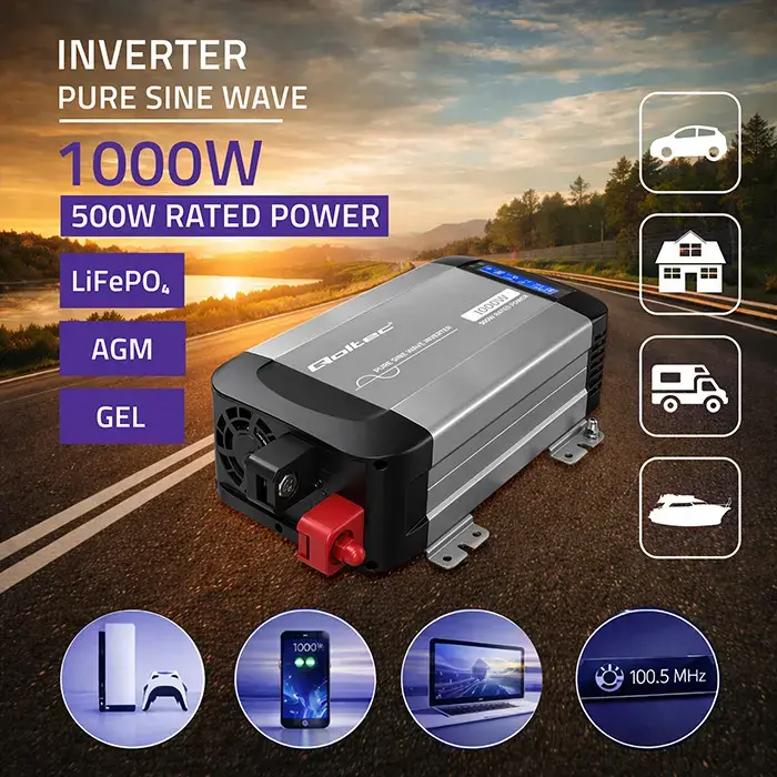 Qoltec Pure Sine Wave Inverter | 12V to 230V | 500/1000W | LCD | USB | USC-C | Compatible with LiFePO4 GEL AGM