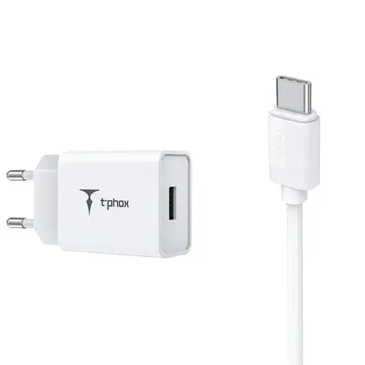 WALL CHARGER  T-PHOX MINI-EU TYPE-C WHITE 1.2M 2.4A