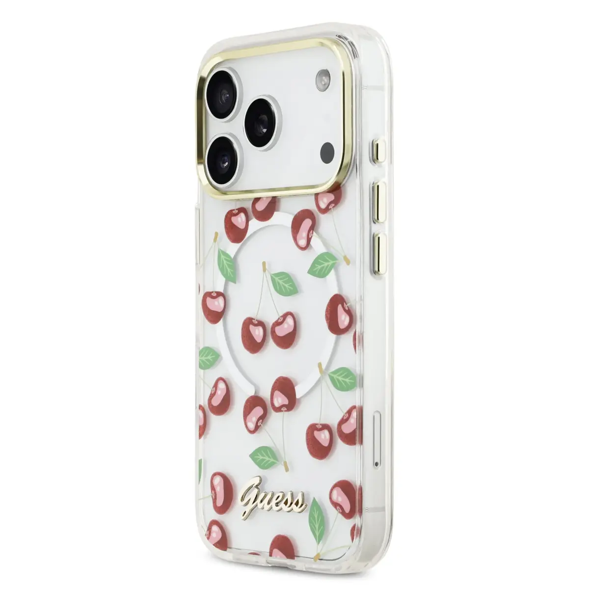 Guess IML Glitter Cherry maciņš ar MagSafe atbalstu telefonam iPhone 17 Pro ķiršu