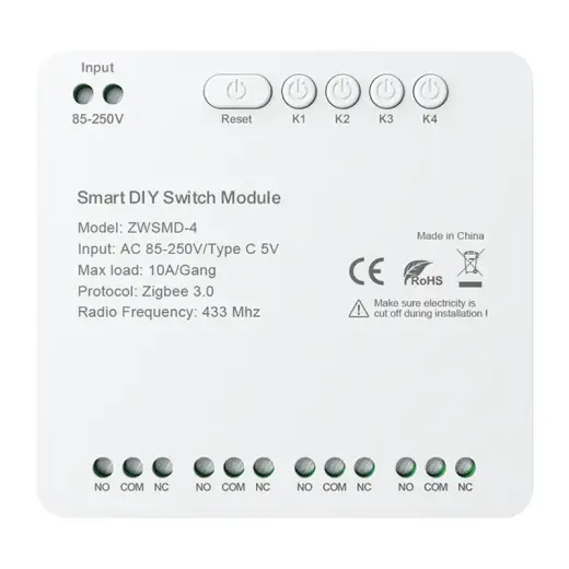 ZigBee 4-channel switch module with voltage-free DC 32V contact Avatto ZWSMMD-4-250V