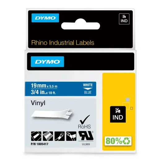 DYMO Rhino Industrial Vinyl Labels | 19 mm x 5.5 m | White Print on Blue | Self-Adhesive | for LabelManager & Rhino Label Makers