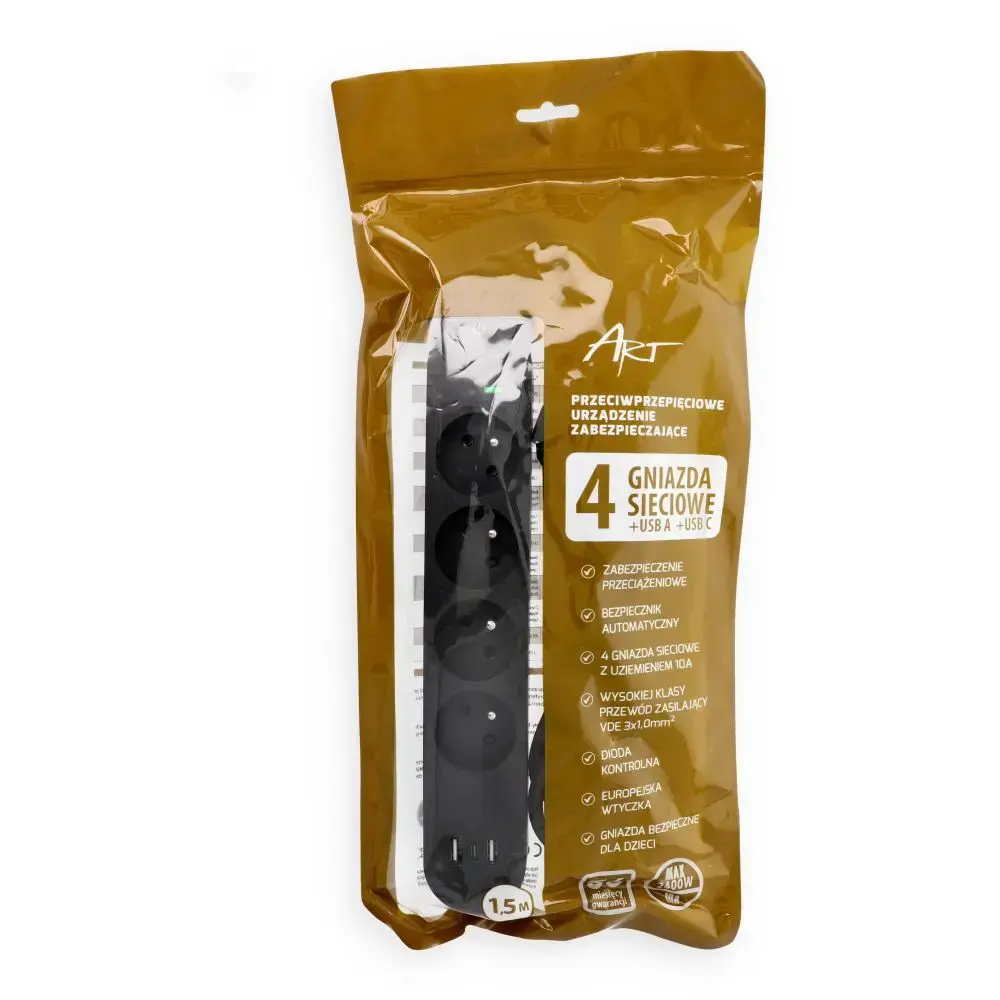 Extension cord 4 sockets + 2 x USB A + USB C Art FU810 1,5 m black