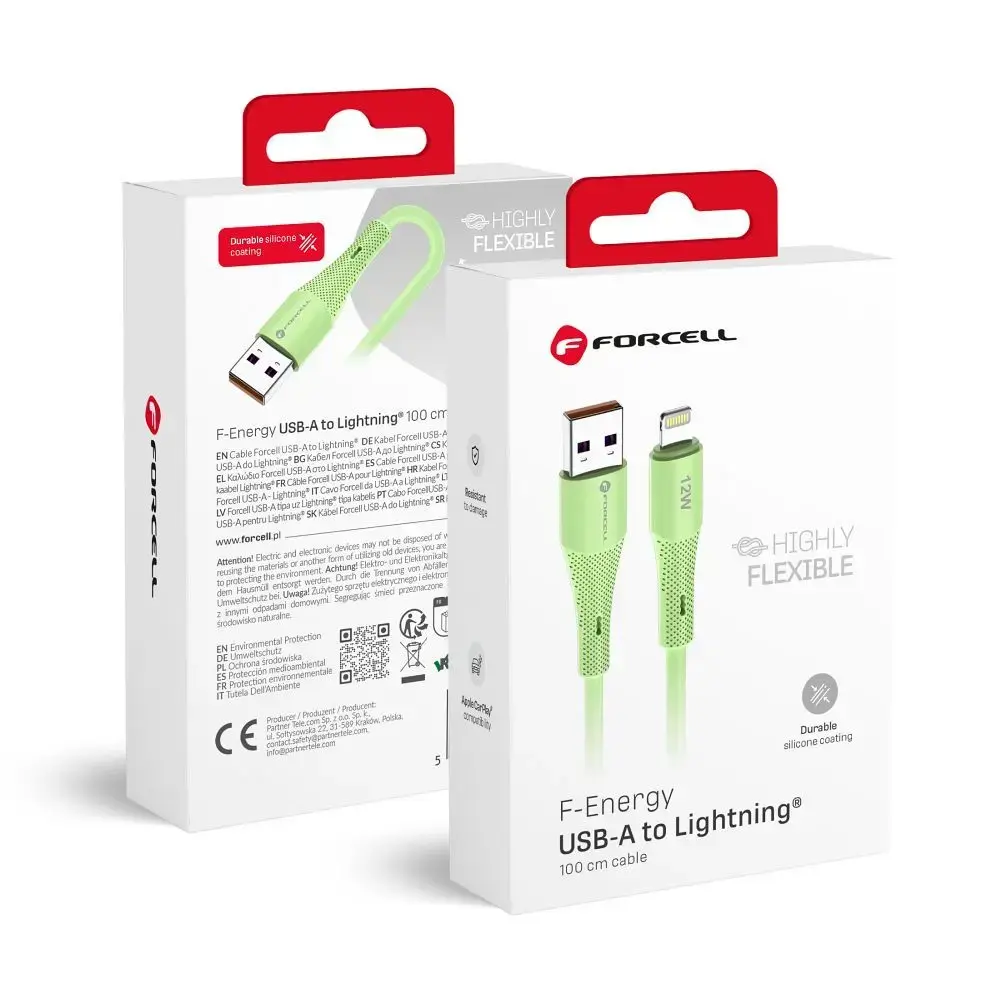 Forcell F-Energy C343 datu pārraides un uzlādes vads | USB-A uz Lightning | 12W | 1m | zaļš