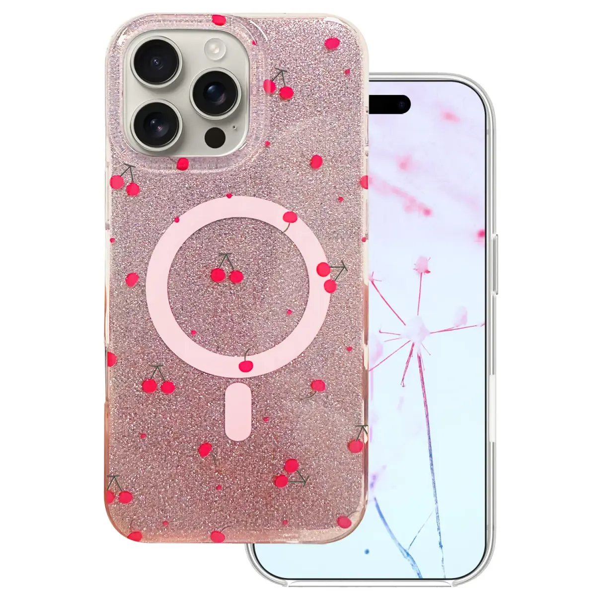 Cherry Mag Glitter maciņš ar MagSafe atbalstu telefonam iPhone 16 Pro Max sarkans