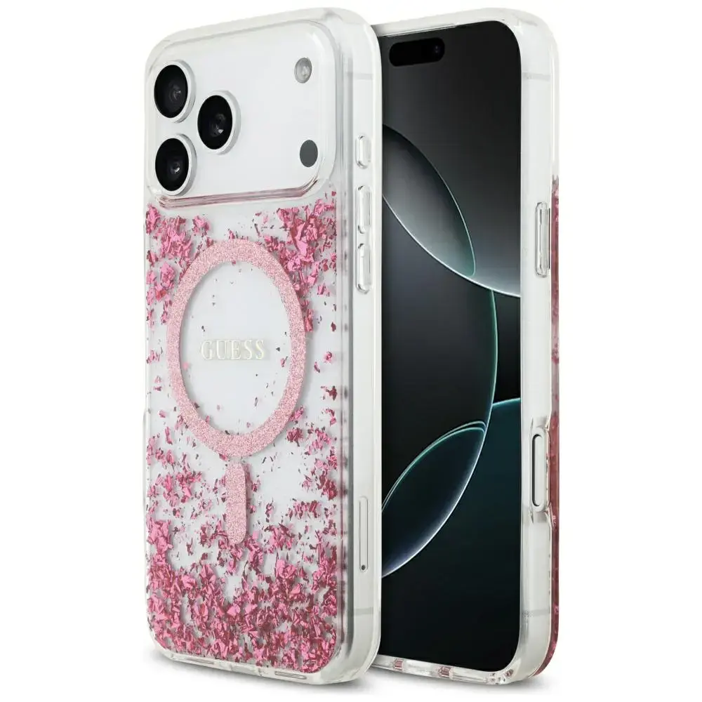 Guess Resin Bottom Glitter maciņš ar MagSafe atbalstu telefonam iPhone 17 Pro Max rozā
