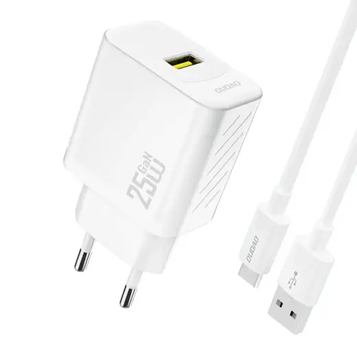 Dudao A27STEU reisilaadija | 25W | GaN | USB-A | USB-A kuni USB-C kaabliga komplektis | valge