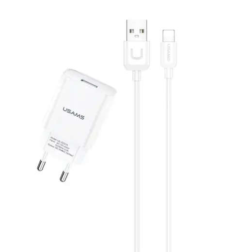 USAMS T21 tīkla lādētājs | 10.5W | USB-A, Lightning | ar Lightning vads komplektā | balts