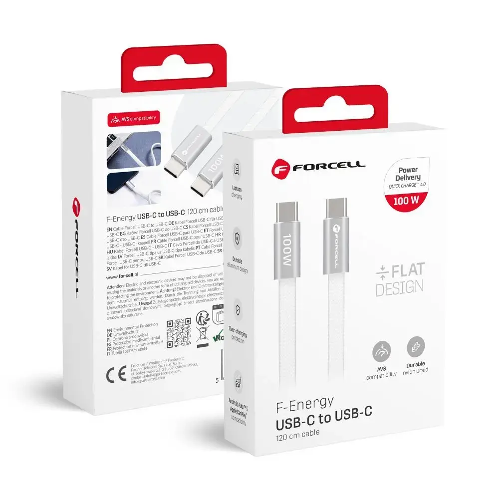 Forcell F-Energy Cafule Flat CCFN23 datu pārraides un uzlādes vads | USB-C uz USB-C | QC 4.0, PD | 100W | 1.2m | balts