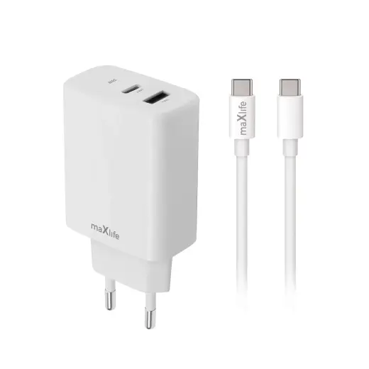 Зарядное устройство Maxlife MXTC-10 | 20W | PD, QC, PPS | USB-C, USB-A | с кабелем USB-C на USB-C в комплекте | белое