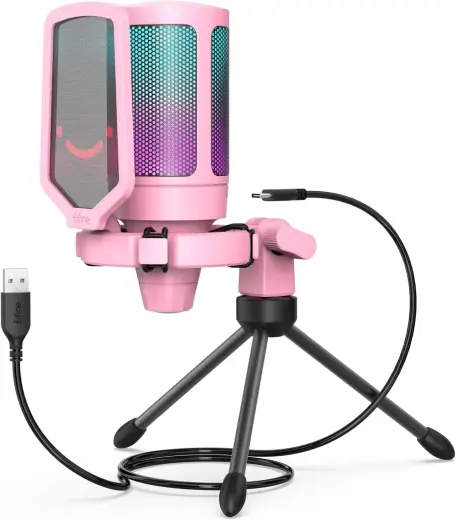 Fifine AmpliGame A6V RGB microphone for gaming | podcasts | streams | tripod | pink