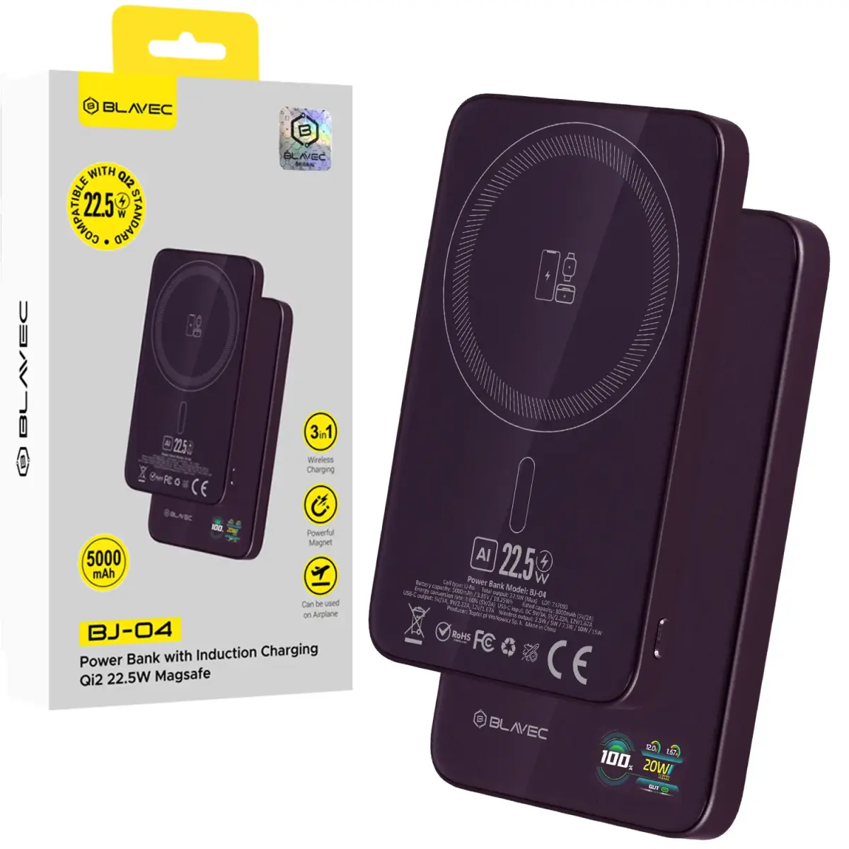Blavec BJ-04 Ultra Slim 7.8mm 3-in-1 (PBBJ04-MC5P) Power Bank | 5000 mAh | 22.5W | USB-C, MagSafe | purple