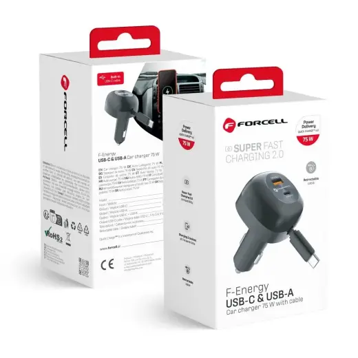 Forcell F-Energy Alu automobilinis įkroviklis | 75W | PD, QC | USB-C, USB-A | su ištraukiamu USB-C laidu komplekte | juodas