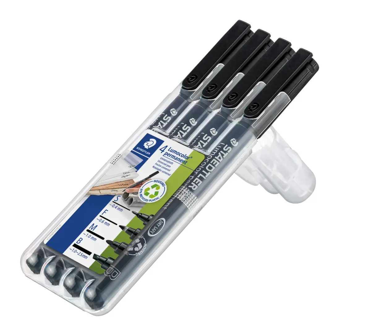 Noturīgais marķieris STAEDTLER LUMOCOLOR 4 dažādu marķieru komplekts (S, F, M, B) melna tinte