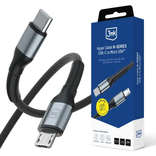 3mk Hyper N-SERIES duomenų perdavimo ir įkrovimo laidas | USB-C į Micro USB | QC 3.0 | 10W | 1m | juodas