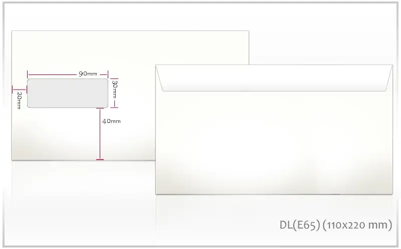 Aploksnes DL HK, E65, 110 x 220 mm, ar logu 30 x 90mm, 75g, baltas, 1000 gab./iepak.
