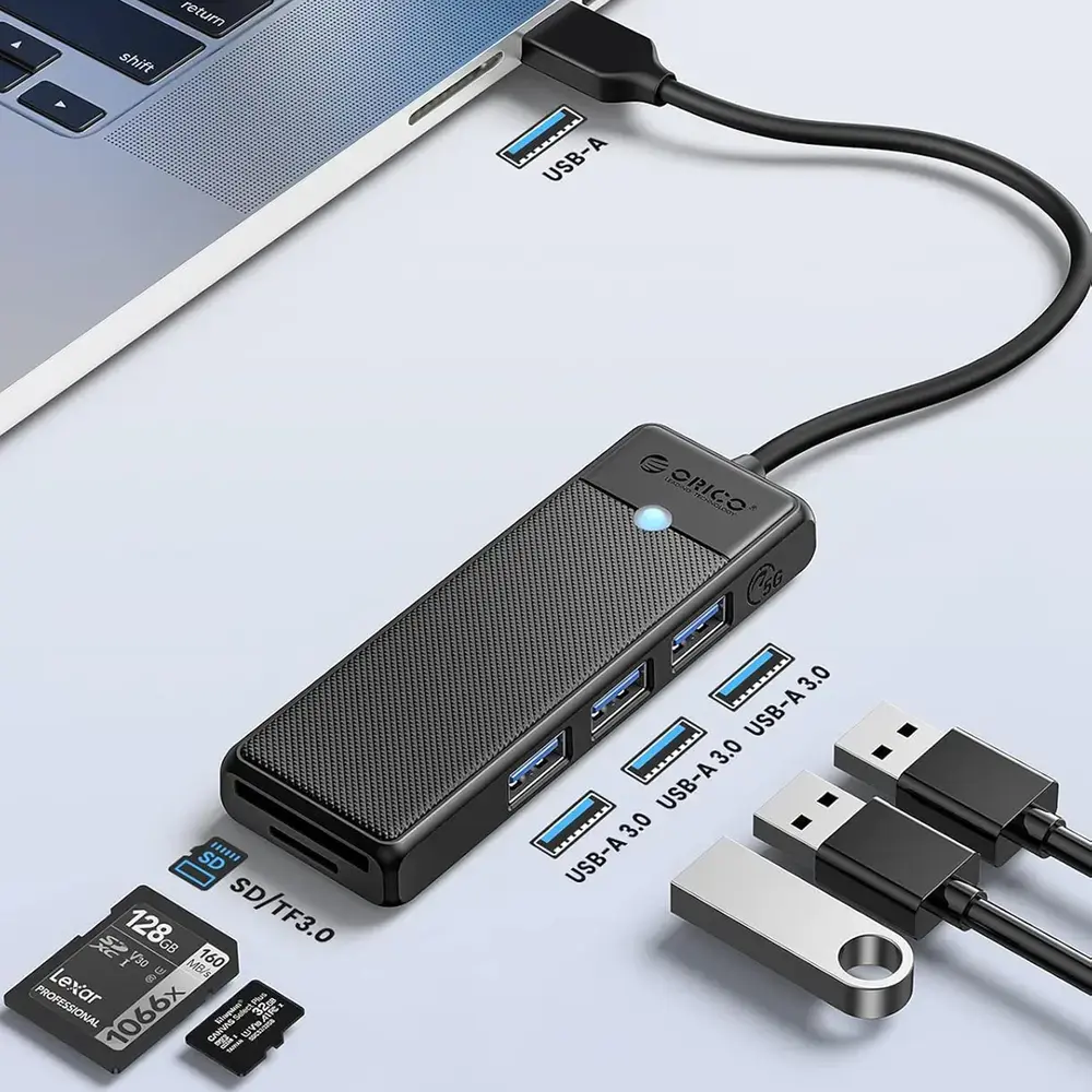 Orico PAPW3AT-U3 USB Hub 4-port 3x USB-A 3.0 with microSD/SD card reader 1 m - black