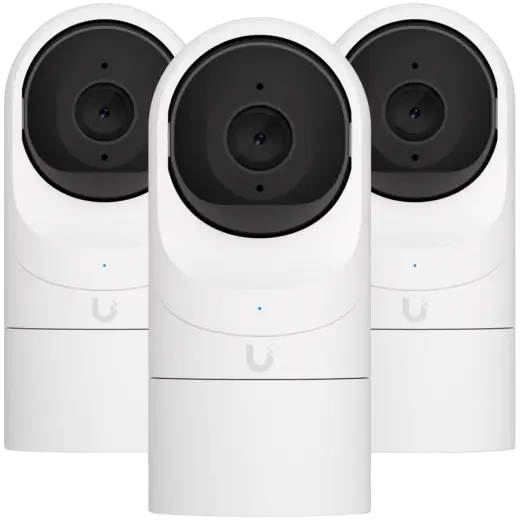 UBIQUITI G3 Flex 3-pack; FHD (2MP) video resolution; Versatile table or ceiling mounting; 6 m (20 ft) IR night vision; Connect and power using PoE; Record audio with an integrated microphone; Weather-resistant (outdoor covered).