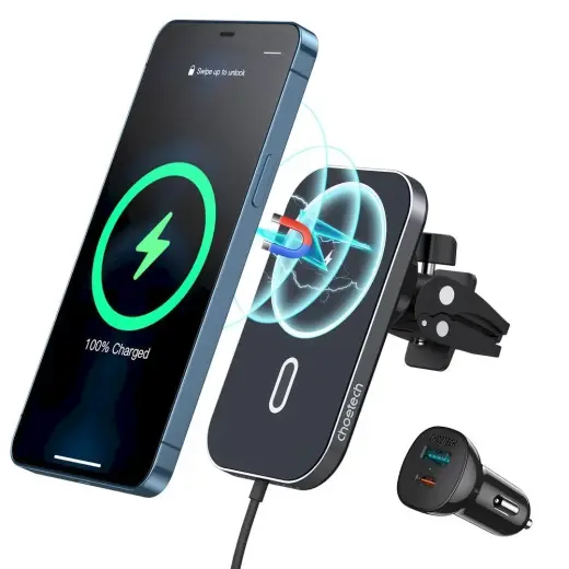 Choetech Car Kit Magnetic Mount Induction Qi Charger 15W (MagSafe Compatible) Black (T200-F) + USB Charger - USB Type C