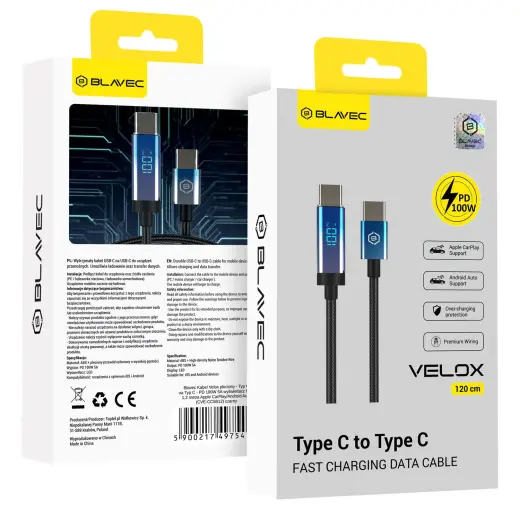 Blavec Velox CVE-CC5B12 datu pārraides un uzlādes vads | USB-C uz USB-C | PD | 100W | ar LED ekrānu | 1.2m | melns