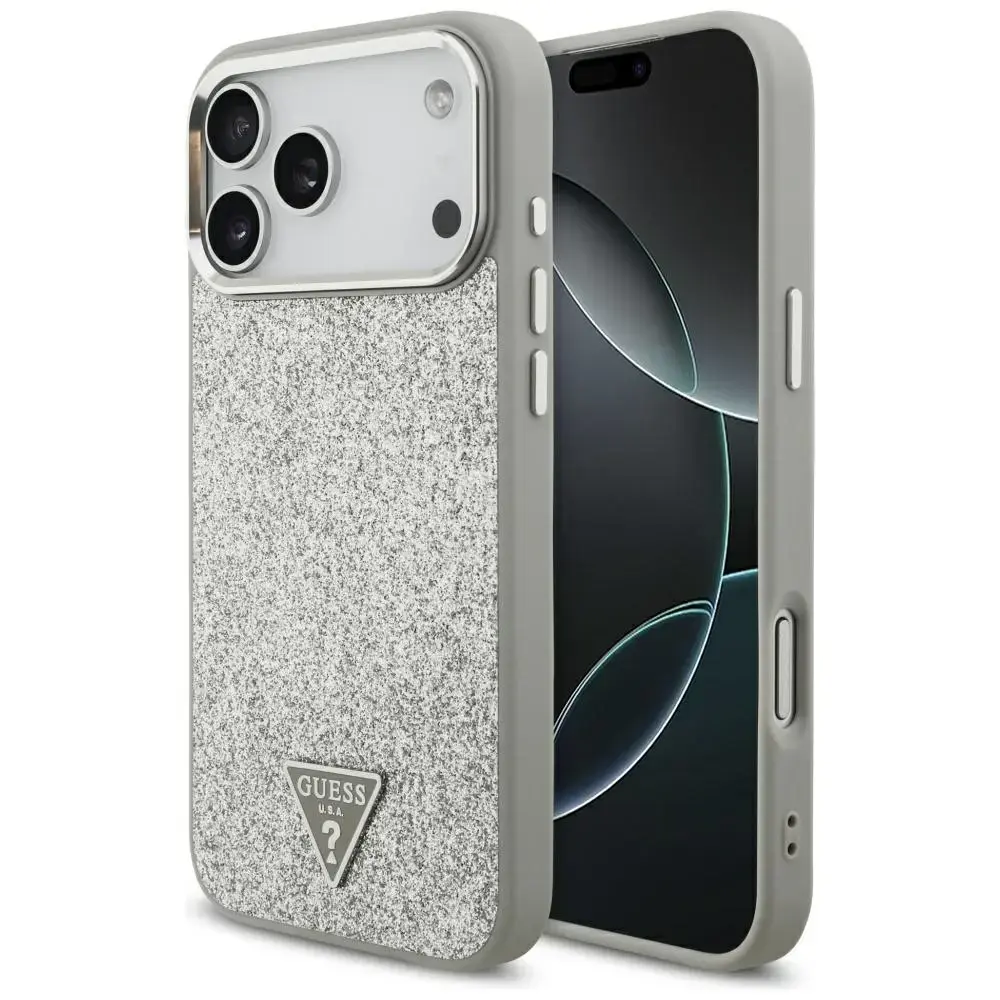 Case Guess Glitter Triangle Logo MagSafe for iPhone 17 Pro Max silver