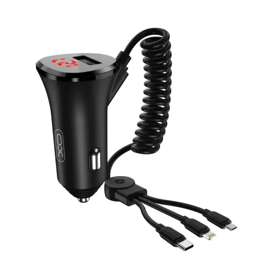 XO car charger CC36 15W black with 3in1 (Lightning | microUSB | USB-C) cable 1,3m