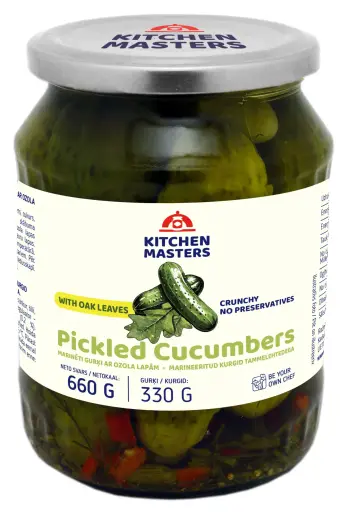 Gurķi marinēti KITCHEN MASTERS, ar ozolu lapām, 660g/330g